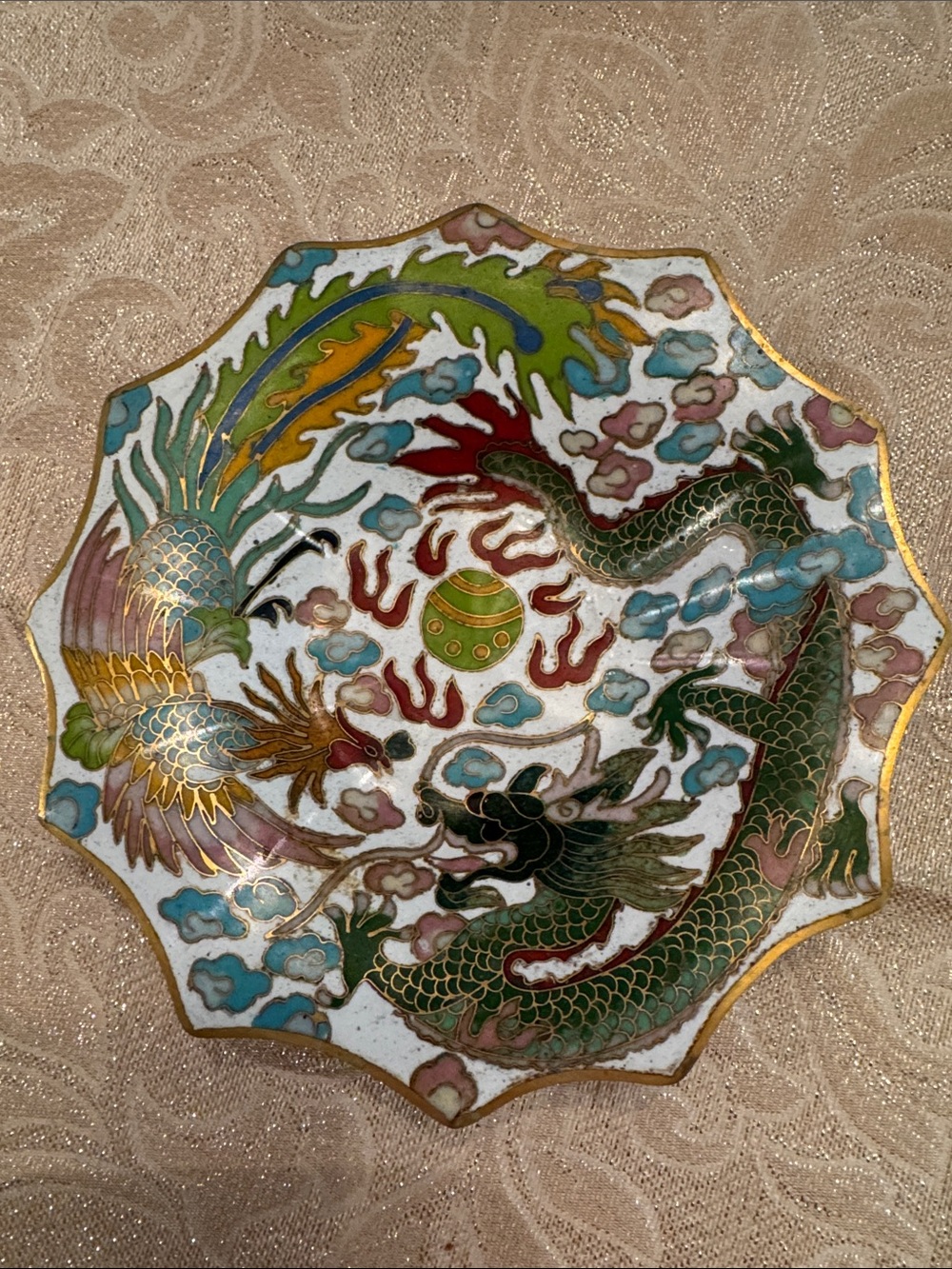 Vintage Chinese Cloisonné Miniature Dish Featuring a Dragon & Phoenix Motif